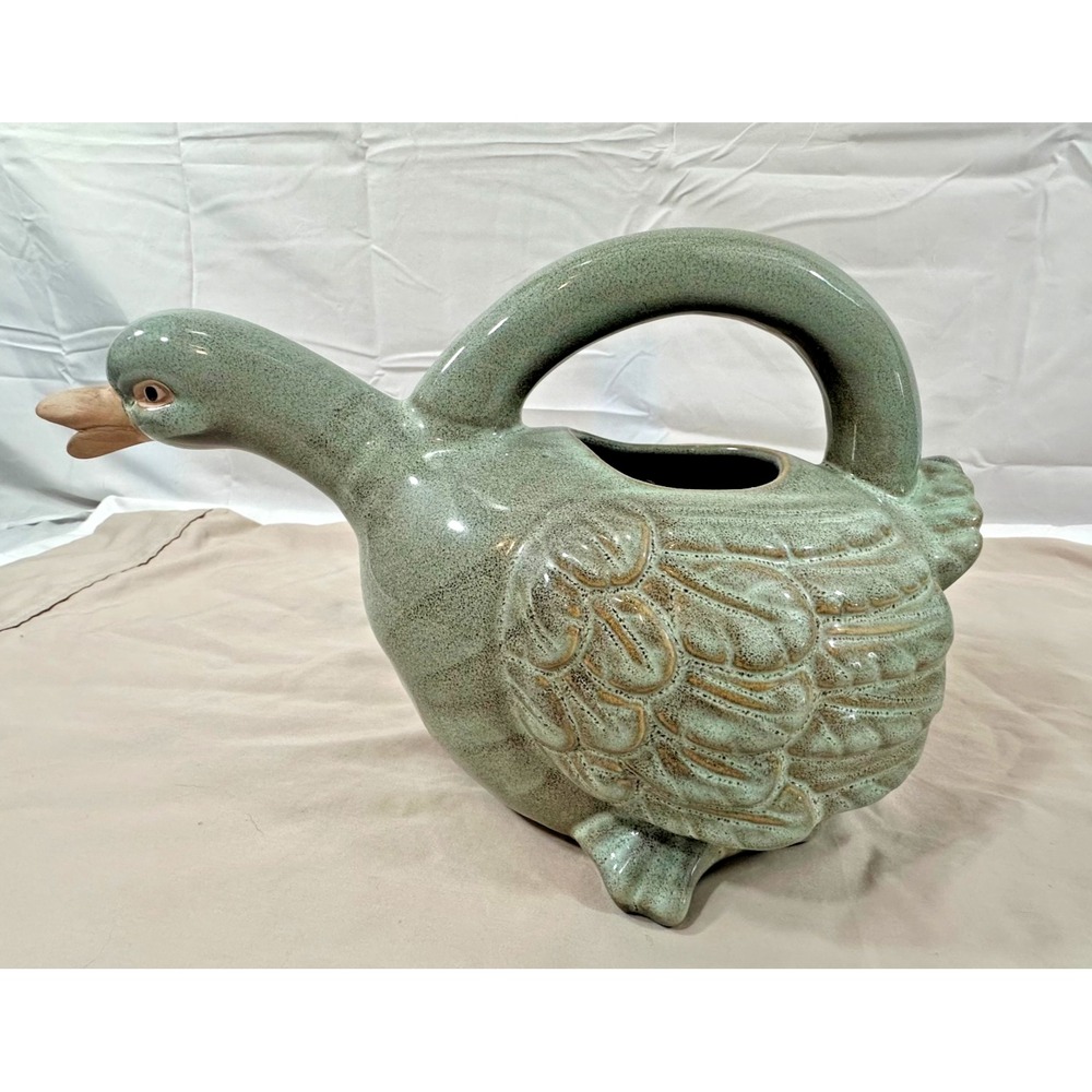 Stoneware Duck Watering Vessel Figure 13" Long Green Goose Pitcher Pottery